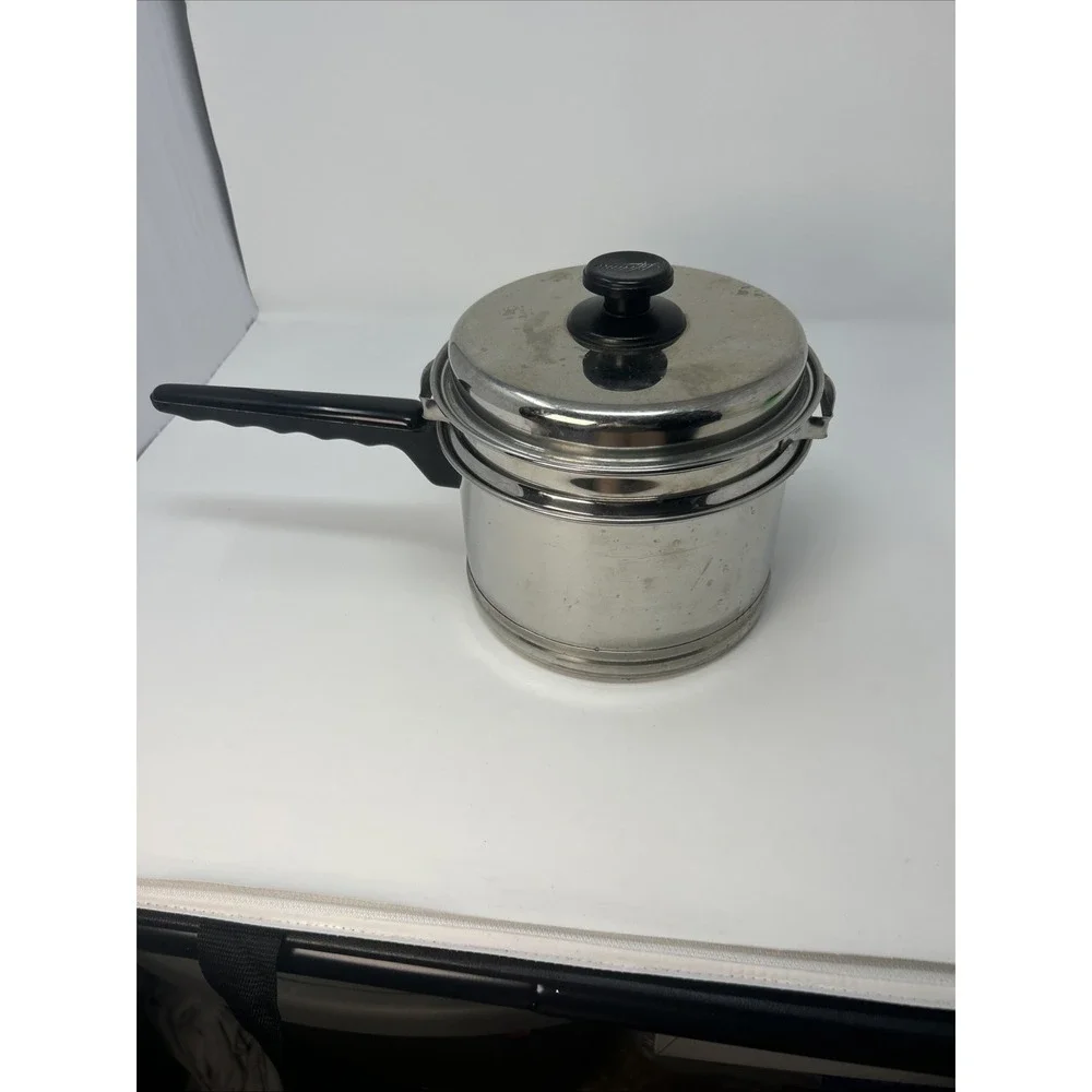 Vintage Lifetime 2.5 QT Saucepan Double Boiler and Lid Stainless Steel USA 3 PC